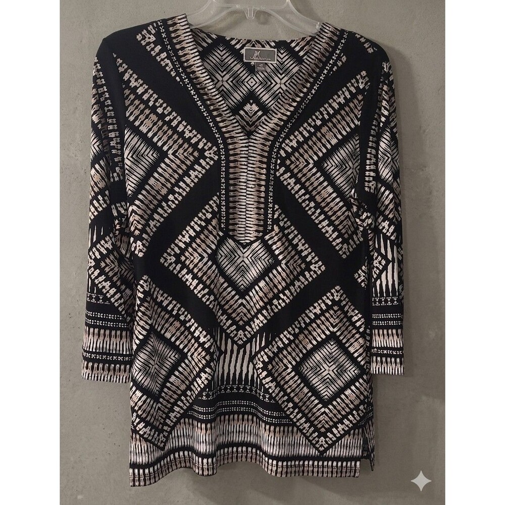 JM Collection black and white geometric pattern tunic blouse 3/4 sleeve. Sz XS
